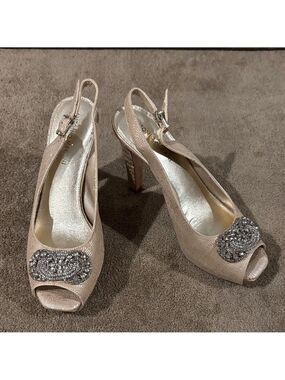 Antonio Melani Gold Peep-Toe Slingback Heels With Rhinestone Accent - Size 8M